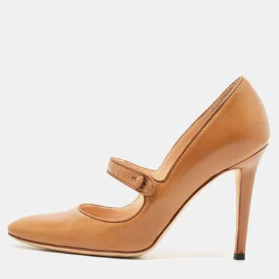 Pre-owned Manolo Blahnik Brown Leather Camparinew Mary Jane Pumps Size 35