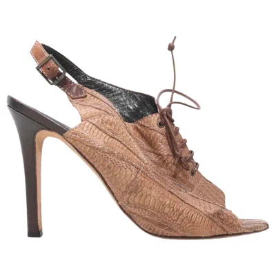 Pre-owned Manolo Blahnik Brown  Snakeskin Peep-toe Slingback Heels Size 40