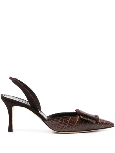 Manolo Blahnik Maysli 70mm Embossed-crocodile Pumps In Braun