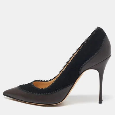 Pre-owned Manolo Blahnik Brown/black Leather And Suede Pointed Toe Pumps Size 38.5