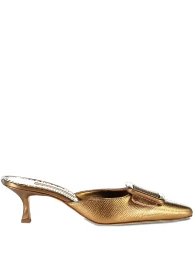 Manolo Blahnik Buckle Maysalebi Mule In Gold