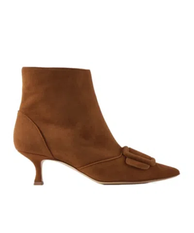 Manolo Blahnik Buckled Suede Ankle Boots In Brown