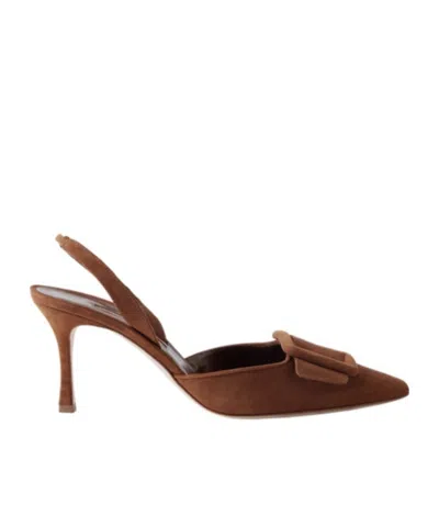 Manolo Blahnik Buckled Suede Slingback Pumps In Brown