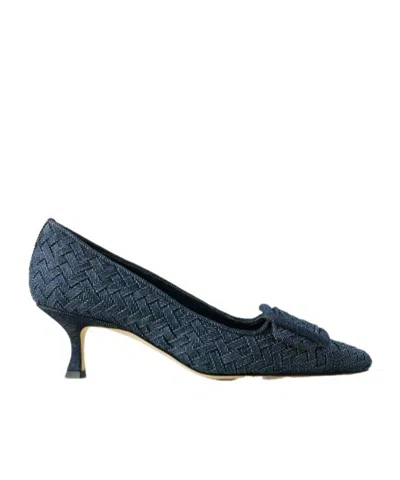 Manolo Blahnik Buckled Woven Denim Pumps In Blue