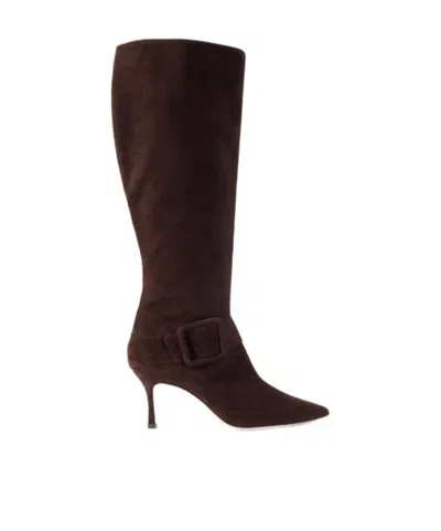 Manolo Blahnik Buckle-embellished Suede Knee Boots In Brown