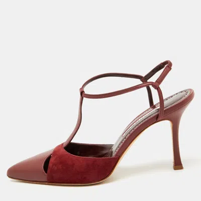 Pre-owned Manolo Blahnik Burgundy Leather And Suede Turgimodhi Pumps Size 38
