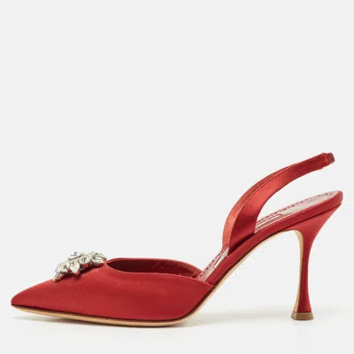 Pre-owned Manolo Blahnik Burgundy Satin Cassinasli Pumps Size 39.5