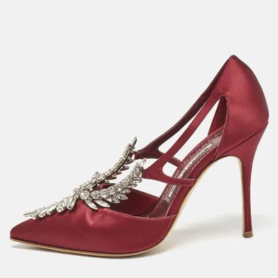 Pre-owned Manolo Blahnik Burgundy Satin Crystal Embellished Lala Pumps Size 38