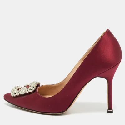 Manolo Blahnik Burgundy Satin Hangisi Crystal Embellished Pumps In Blue