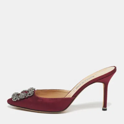 Pre-owned Manolo Blahnik Burgundy Satin Hangisi Mules Size 38.5