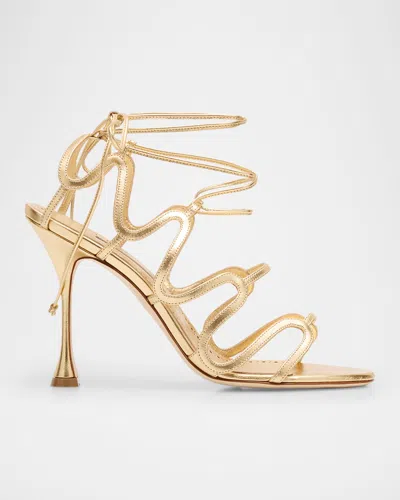 Manolo Blahnik Caged Metallic Ankle-tie Sandals In Gold