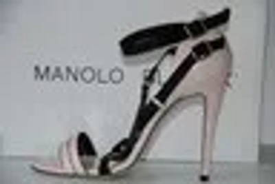 Pre-owned Manolo Blahnik Calestra Pale Pink Leather Black Strappy Sandals Shoes 38.5