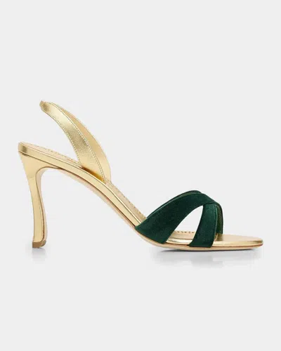 Manolo Blahnik Callydra 90mm Velvet-trimmed Slingback Sandals In Green