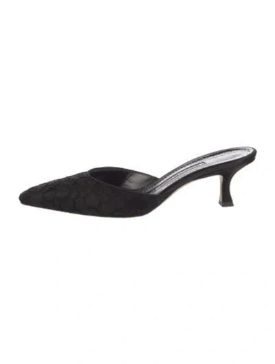 Pre-owned Manolo Blahnik Camellia Accent Suede Mules In Black