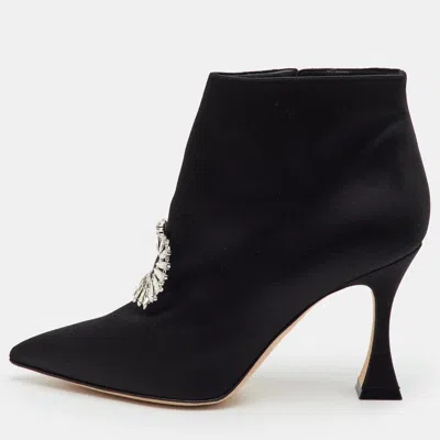 Pre-owned Manolo Blahnik Cantita Size 39 Black Satin Crystal Embellished Ankle Length Boots