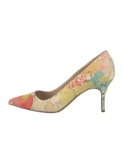 Pre-owned Manolo Blahnik Canvas Floral Print Pumps In Green/pink