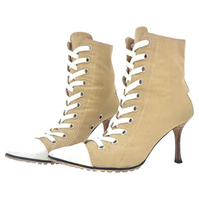 Pre-owned Manolo Blahnik Canvas Lace Up Pointed Toe Heeled Sneakers Boots 37.5 In Sand