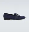 Manolo Blahnik Carlton Crystal-embellished Grosgrain-trimmed Suede Loafers In Blue