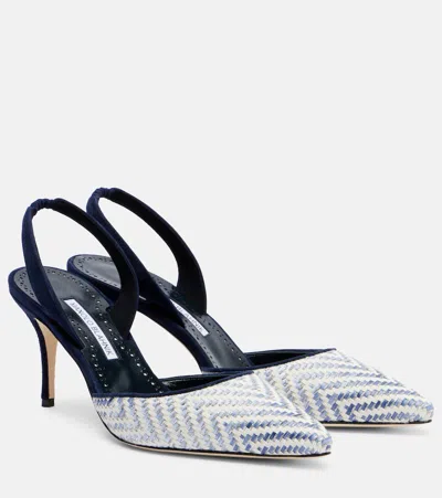 Manolo Blahnik Carolyne 70 Raffia Slingback Pumps In White