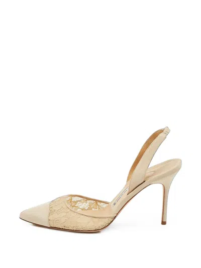 Pre-owned Manolo Blahnik Carolyne Lace Slingback Heeled Pumps In 中性色