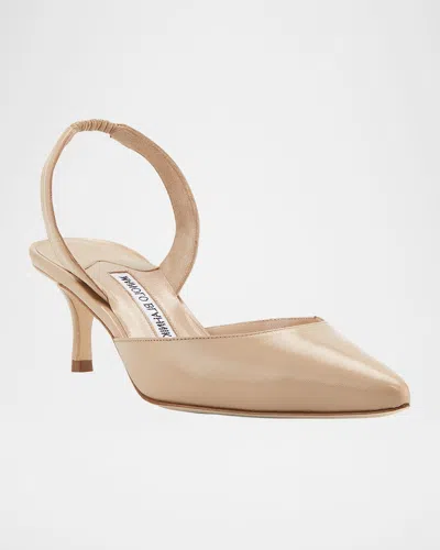 Manolo Blahnik Carolyne Leather Low-heel Slingback Pump In Sand