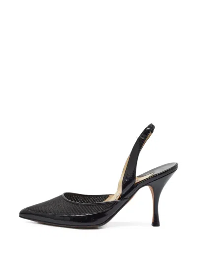 Pre-owned Manolo Blahnik Carolyne Mesh-panel Slingback Pumps In Black