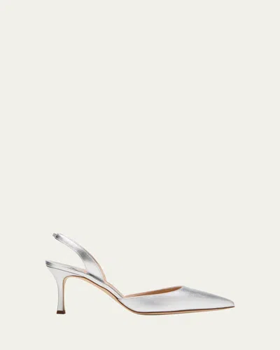 Manolo Blahnik Carolyne Metallic Leather Mid-heel Slingback Pumps In Silver0454