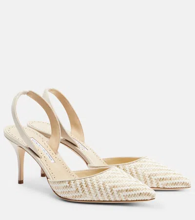 Manolo Blahnik 50mm Carolyne Woven Kitten-heel Halter Pumps In Neutral