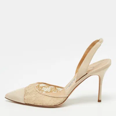 Pre-owned Manolo Blahnik Carolyne Size 38 Beige Lace And Suede Slingback Pumps