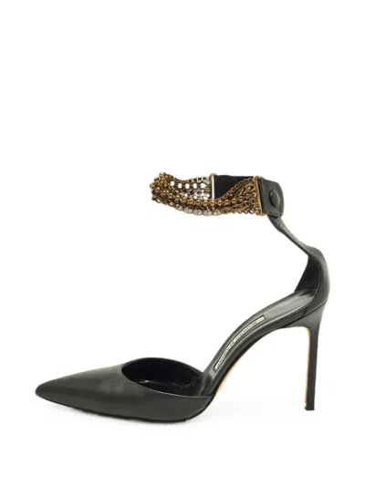 Pre-owned Manolo Blahnik Chain-embellished Mary Jane Pumps In Black