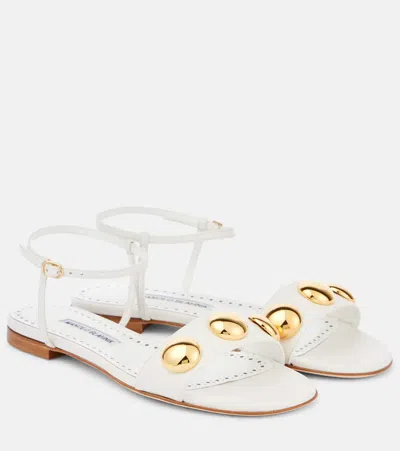 Manolo Blahnik Chaouhen Embellished Leather Sandals In White