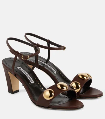 Manolo Blahnik Chaouhenhi Embellished Leather Sandals In Brown