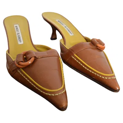 Pre-owned Manolo Blahnik Chartreuse Chocolate Leather Buckle Slip On Mule Low Kitten Heels In Brown