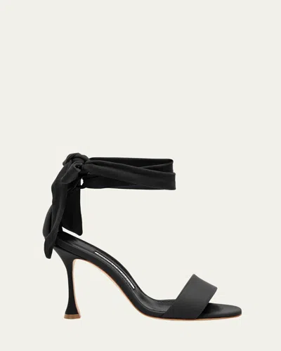Manolo Blahnik Chastana Mixed Leather Ankle-tie Sandals In Black