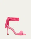 Manolo Blahnik Chastana Mixed Leather Ankle-tie Sandals In Pink
