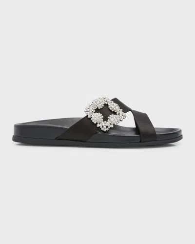 Manolo Blahnik Chilanghi Crystal Buckle Slide Sandals In Black