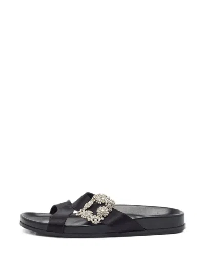 Pre-owned Manolo Blahnik Chilanghi Crystal-buckle Slides In Black