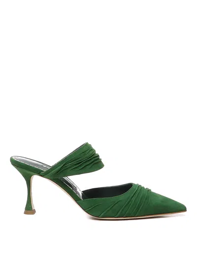 Manolo Blahnik Circeamu Ruched Suede Mule Pumps In Green