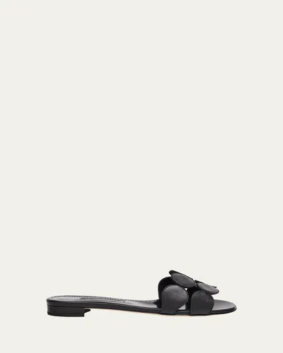MANOLO BLAHNIK CIRCLE-CUT LEATHER FLAT SLIDE SANDALS