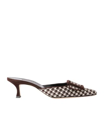 Manolo Blahnik Mayslibi 50 Suede-trimmed Houndstooth Woven Mules In Brown