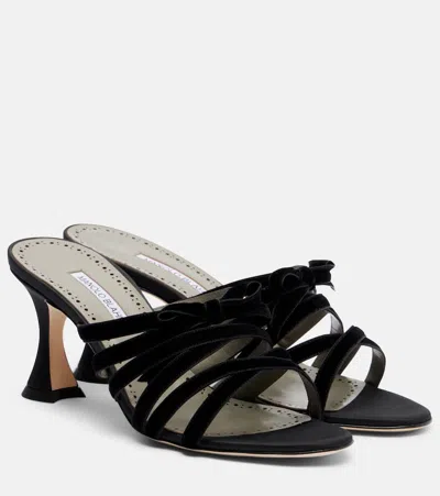 Manolo Blahnik Clementel 70 Velvet-trimmed Satin Mules In Black
