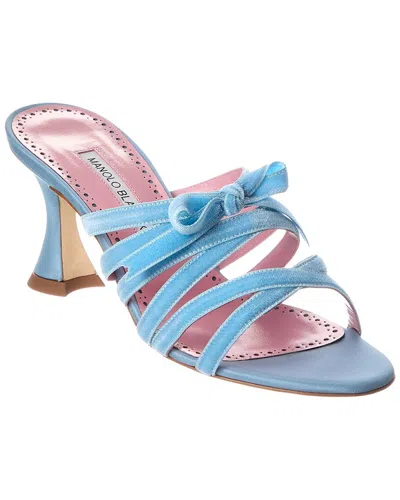 Manolo Blahnik Clementel Satin And Velvet Mules With Bow In Blue