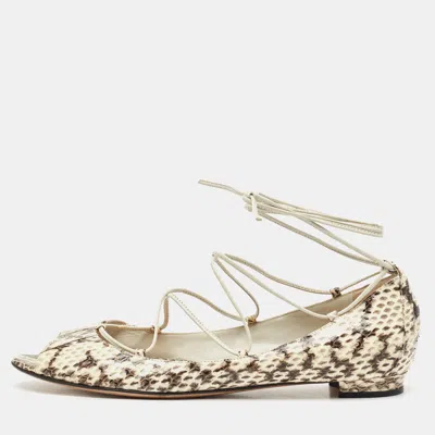 Pre-owned Manolo Blahnik Cream Python Leather Ballet Flats Size 37.5