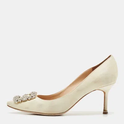 Pre-owned Manolo Blahnik Cream Satin Hangisi Pumps Size 37.5