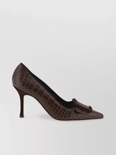 Manolo Blahnik Croc-effect Leather Bow Pumps In Brown