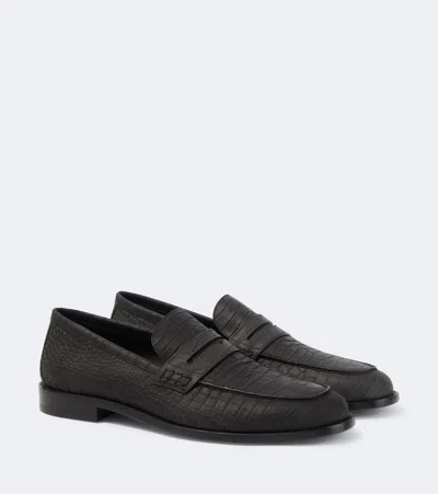Manolo Blahnik Croc-effect Leather Penny Loafers In Black