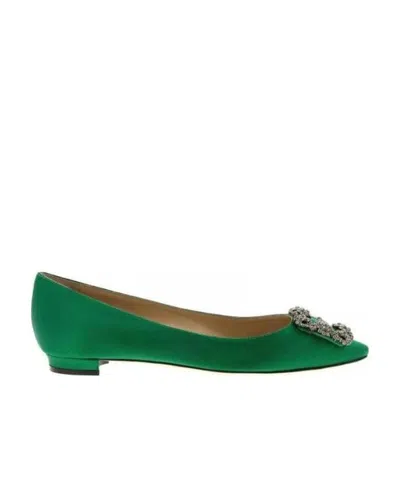 Manolo Blahnik Crystal Buckle Ballet Shoes In Green