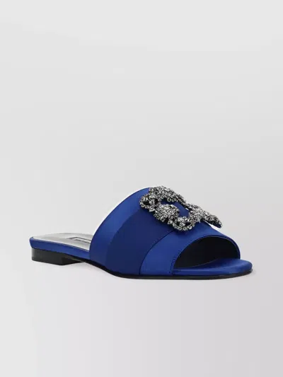 Manolo Blahnik Crystal Buckle Silk Sandals In Blue
