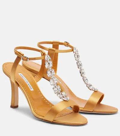 Manolo Blahnik Crystal-embellished Satin Sandals In Orange