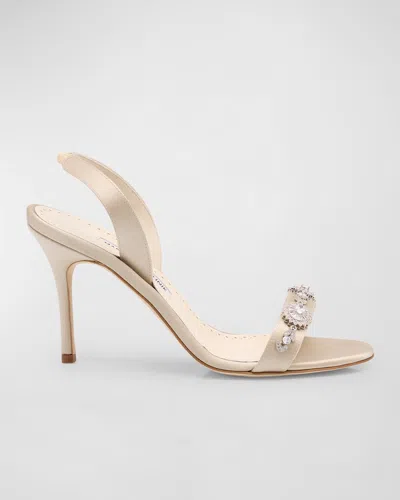 Manolo Blahnik Crystal Satin Halter Sandals In Cream